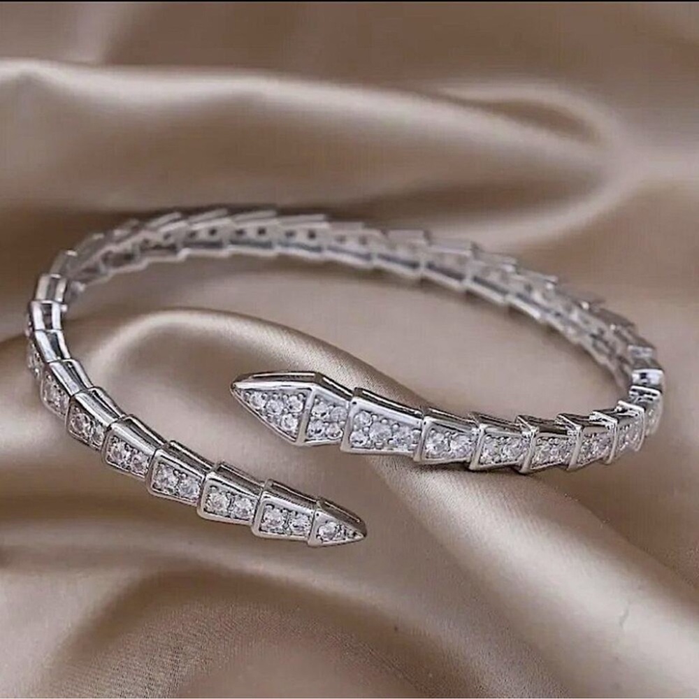 Silver Zircon Snake Bangle Bracelet, Luxury